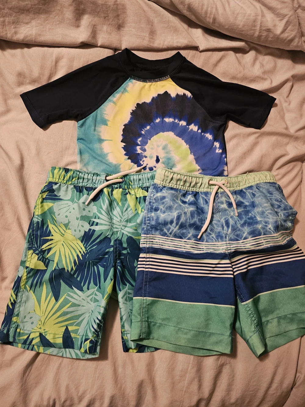 Lands' End Kids Tie-Dye Rash Guard & Tropical Swim Trunks Set in Blue & Green